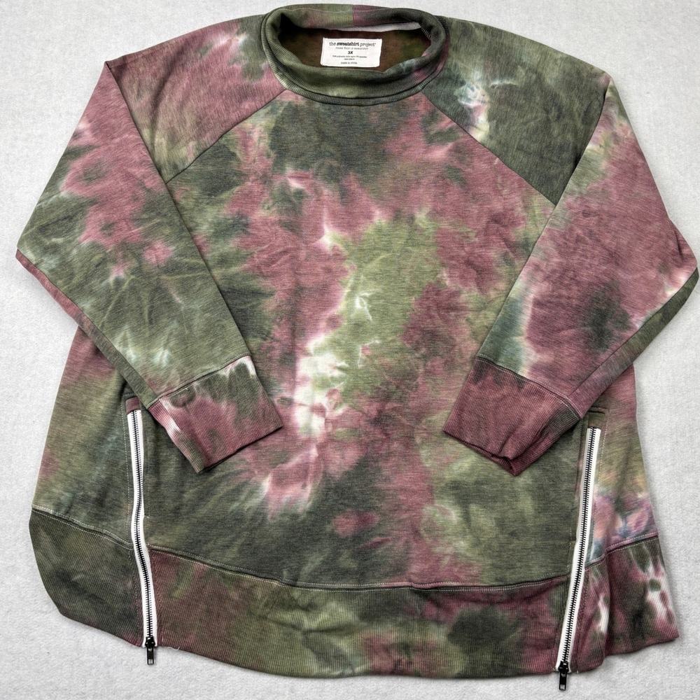 The Sweatshirt Project Tie Dye Mock Neck Pullover Side Zip Sweatshirt Green 3X‎